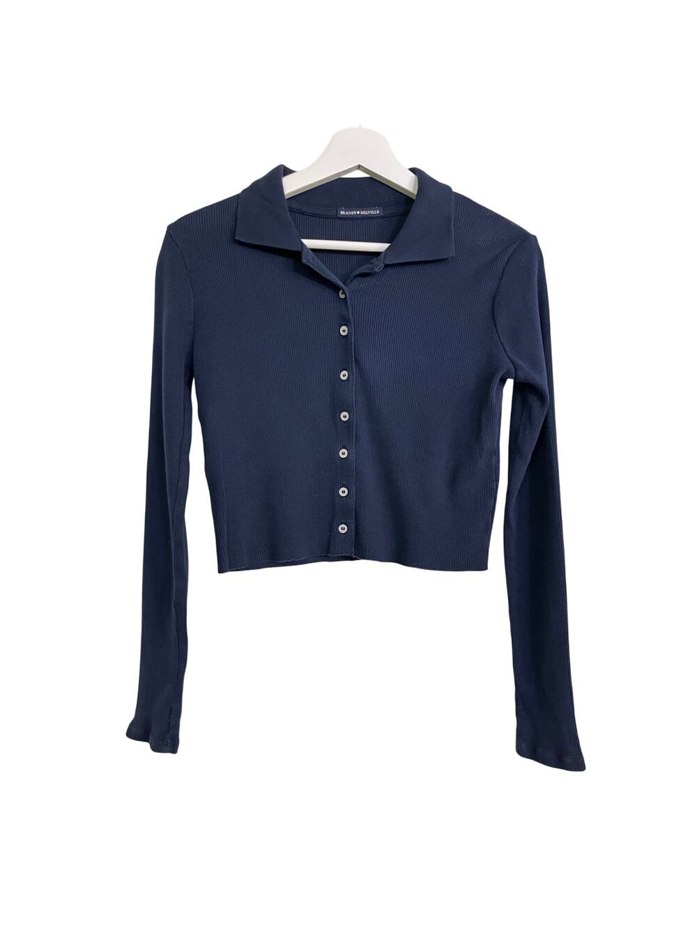 Brandy Melville Ribbed Button Front Long Sleeve Crop Top Navy Fitted OS